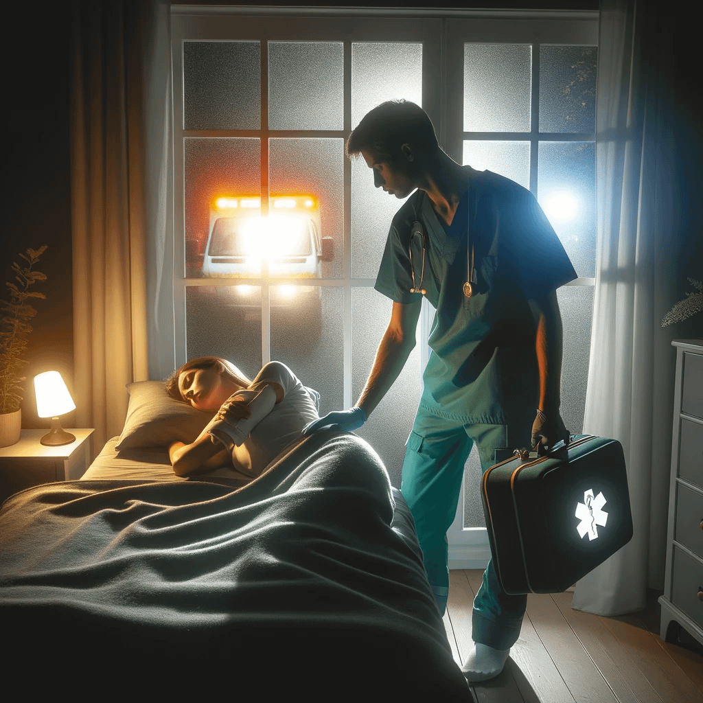 My wife in the recovery position, unconscious, with a paramedic beside her.